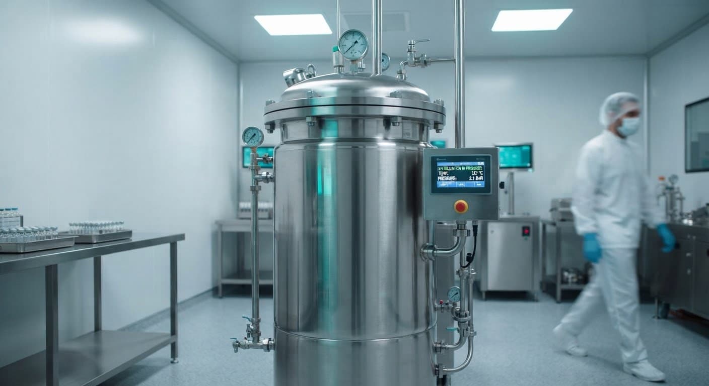 Autoclave vertical em inox 316L polido, com painel de controle digital e válvulas de segurança