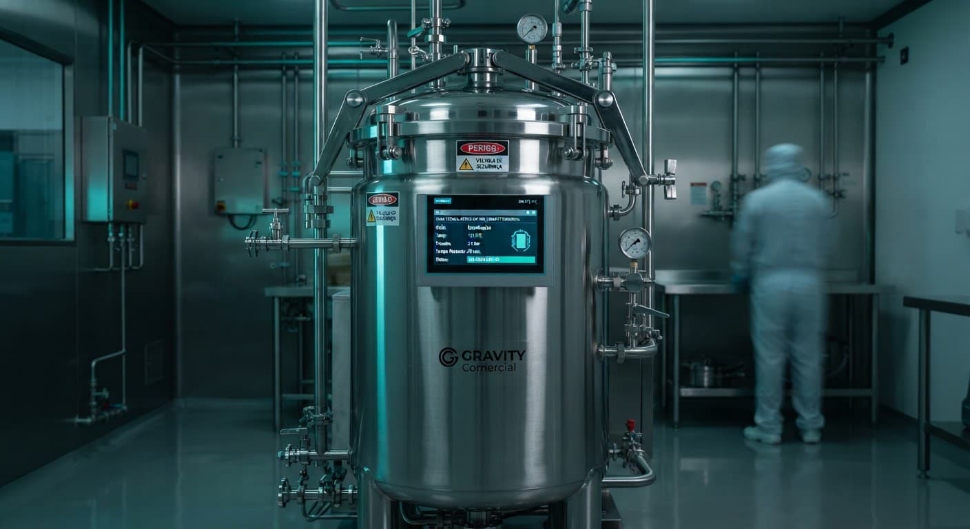 Autoclave vertical em inox 316L polido, com painel de controle digital e válvulas de segurança