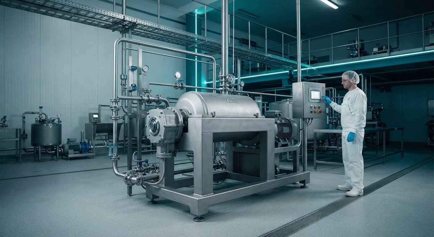 Centrífuga separadora industrial instalada em planta de processamento de alimentos