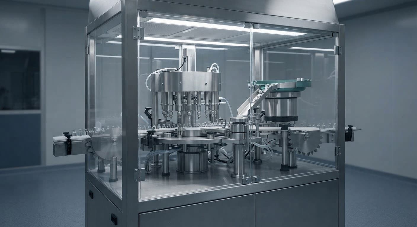 Envasadora monobloco rotativa com cabine de fluxo laminar em inox