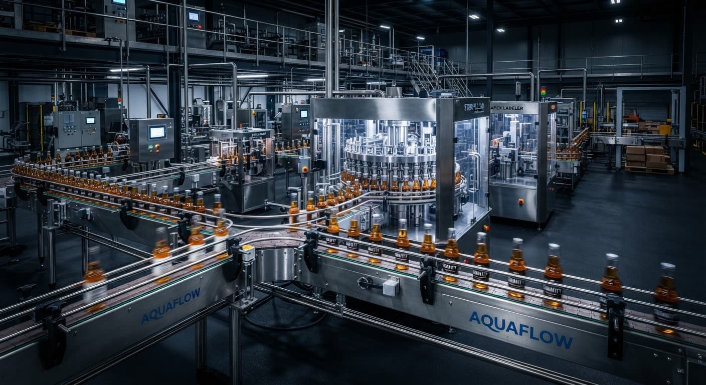 Linha automática de envase de bebidas com transportadores em inox e enchedora rotativa