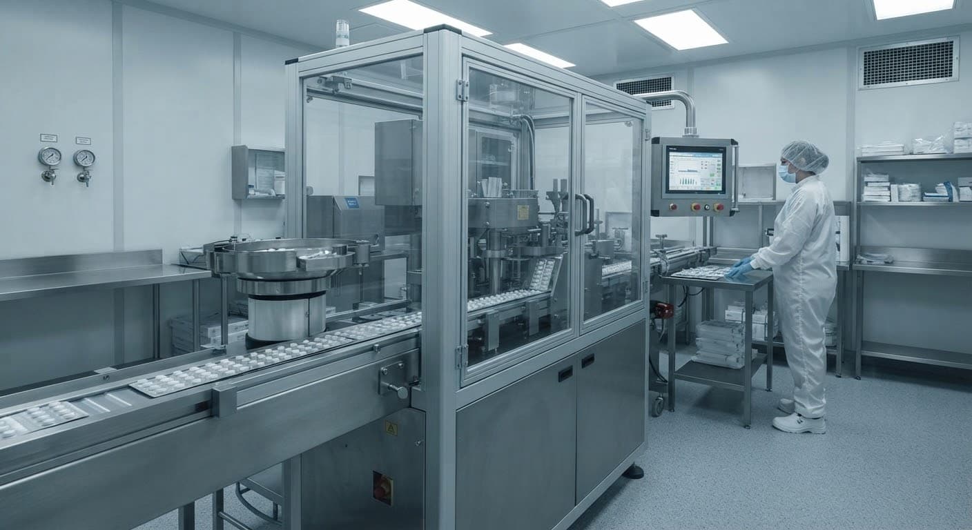Blisteradeira automática em sala limpa farmacêutica