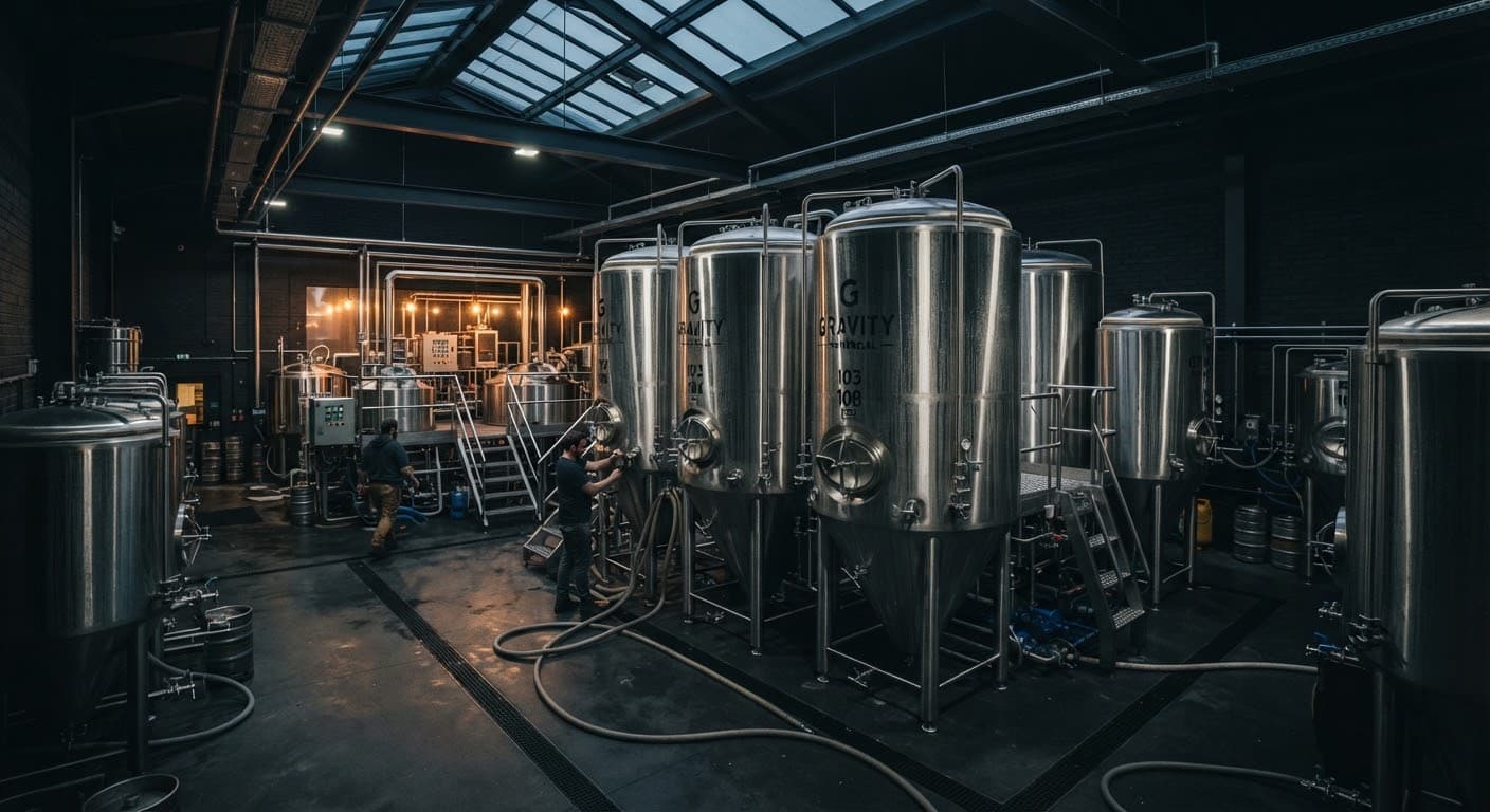 Tanques de fermentação e sala de brassagem em inox